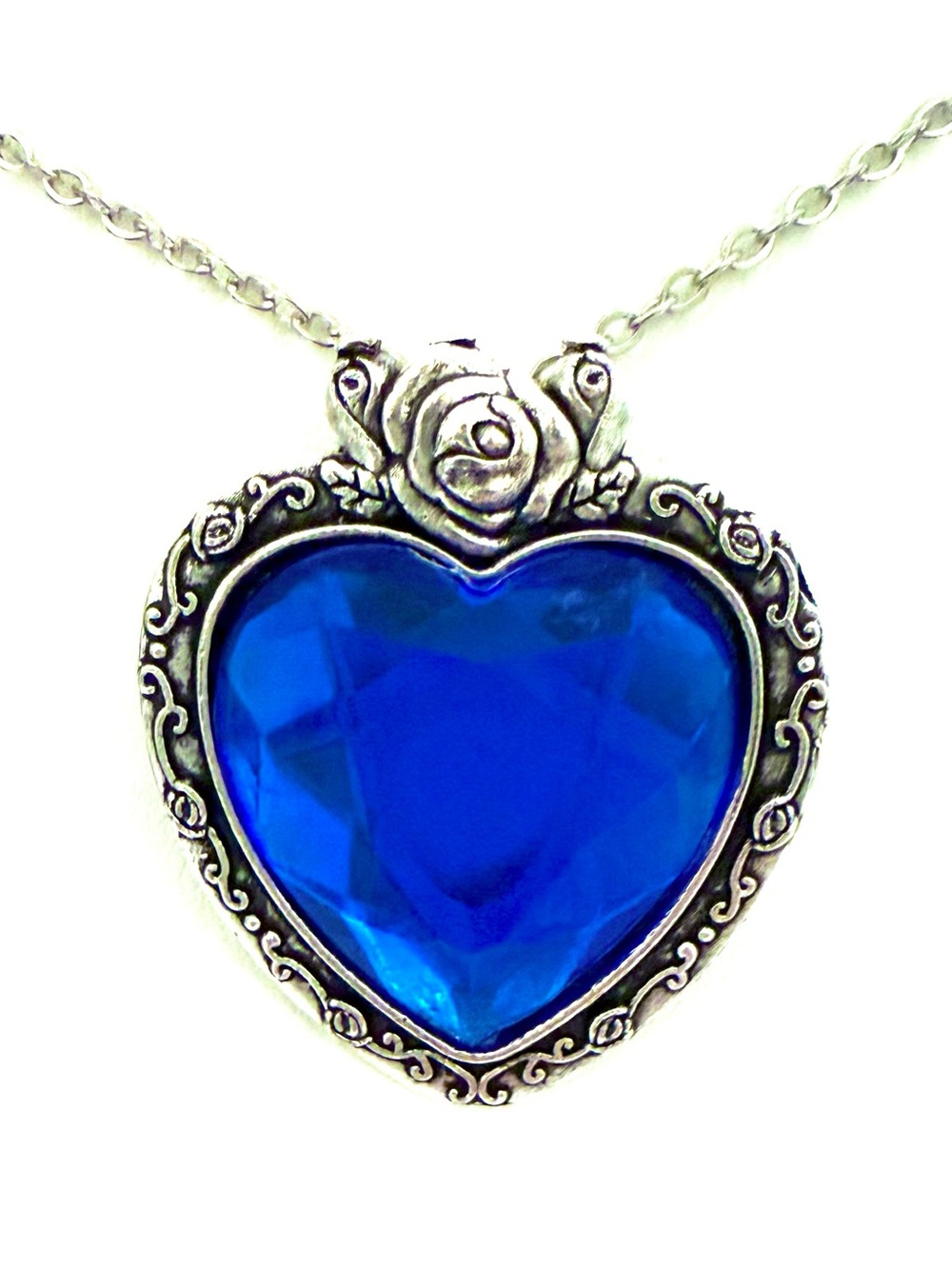 925 Sterling Silver Blue Heart Pendant Necklace Rose Scrollwork Romantic Gift